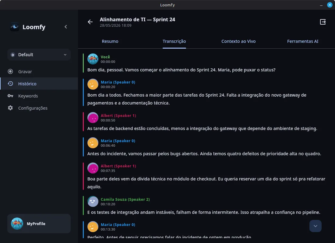 Transcrição com falantes